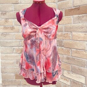 Vtg Y2K Tank Top Womens M Coral Gauzy Babydoll Fairy Dainty Pink Tiered Ruffle